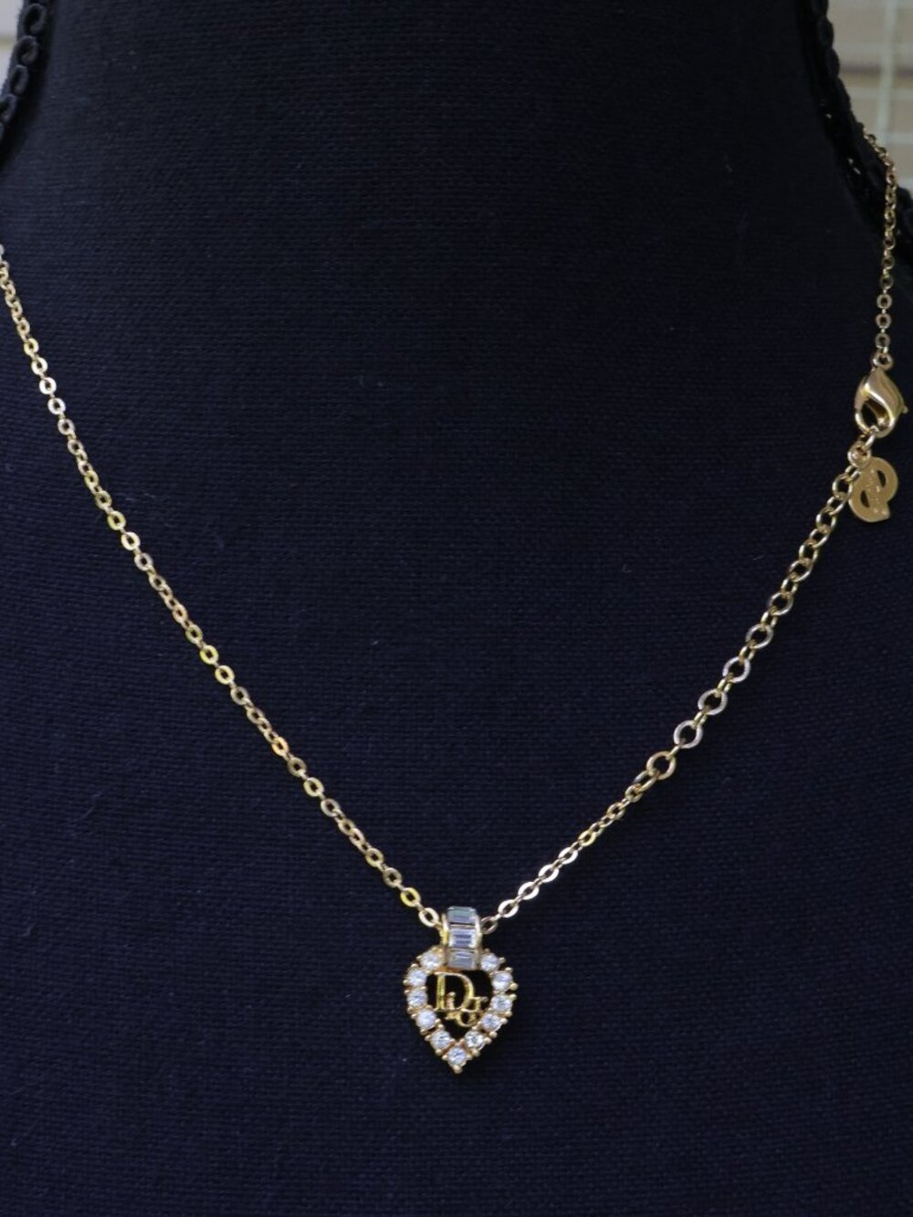 Christian Dior Rhinestone Heart Necklace Golden on 17.75" Chain